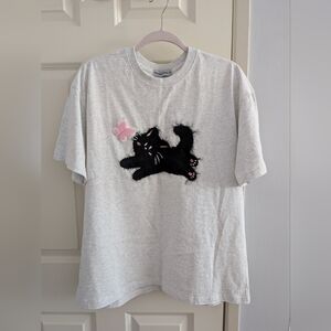 Aelfric Eden Light Gray Cat Embroidered Oversized T-Shirt 100% Cotton